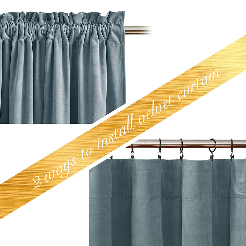 Rod pocket velvet privacy protection blackout curtains shown with two installation methods: directly on a rod and with clip rings.