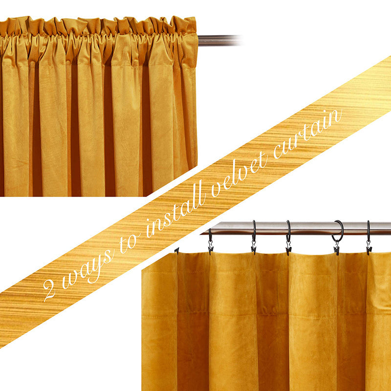 Gold velvet privacy blackout curtains shown with two installation methods: gathered rod pocket and flat panel clip rings.