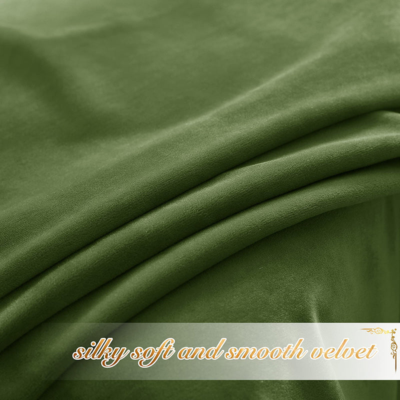 Close-up of olive green velvet blackout curtain fabric, showing its silky soft and smooth texture for bedroom and living room.