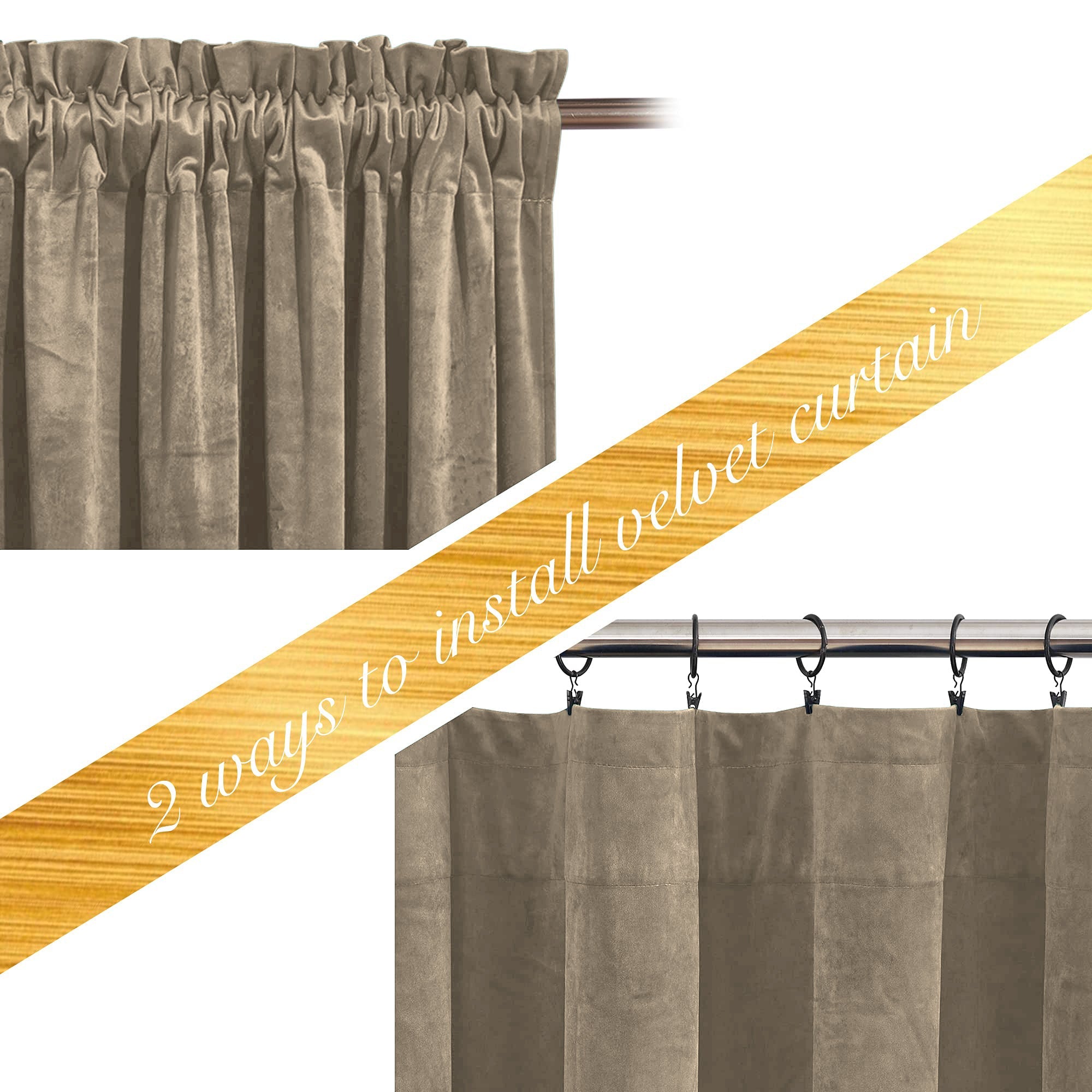 Tan velvet rod pocket blackout curtains displayed in two hanging methods: traditional rod pocket and clip rings for living room and bedroom privacy.