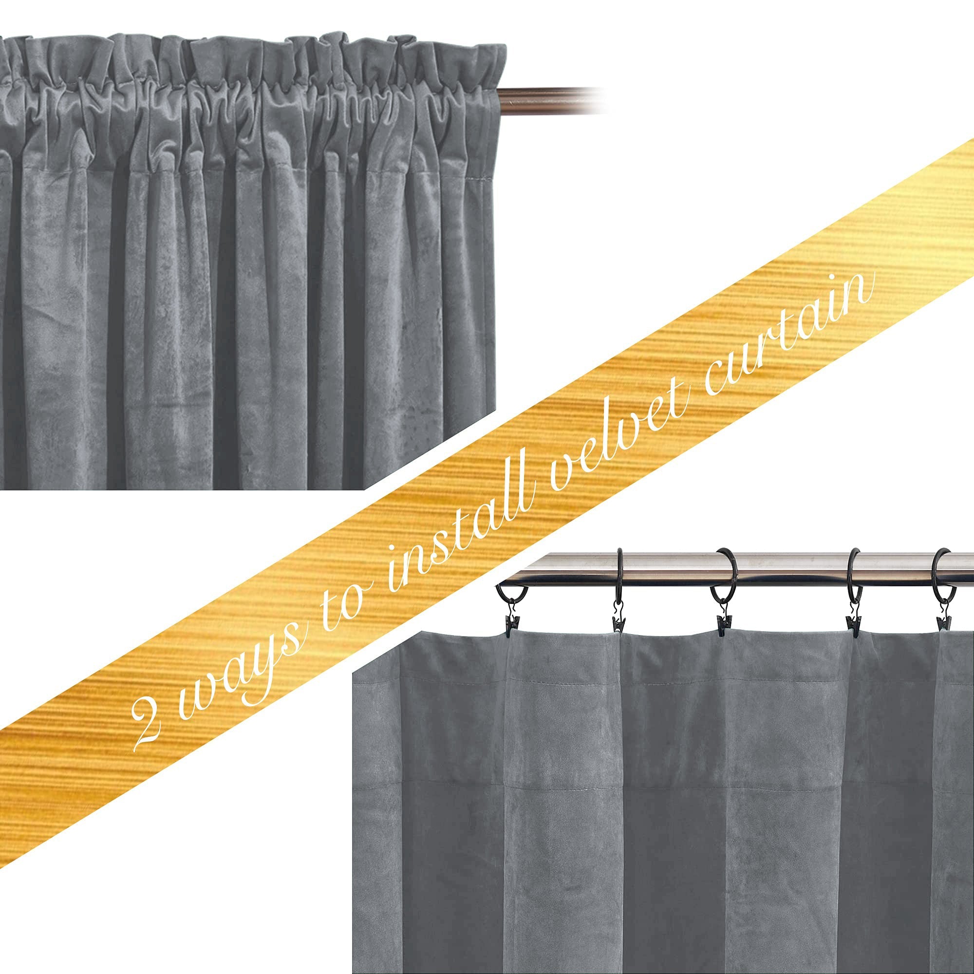 Gray velvet blackout curtains: top shows rod pocket style, bottom demonstrates hanging with clip rings for versatile privacy.