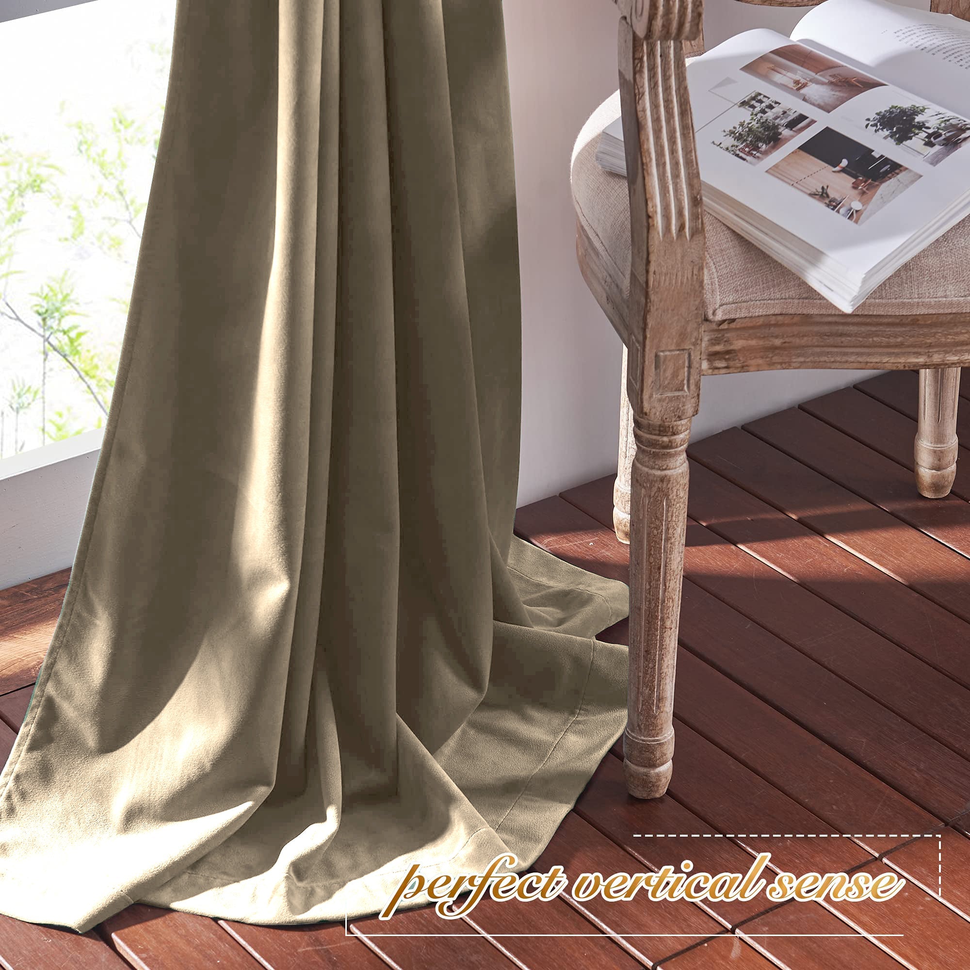 Beige velvet rod pocket blackout curtain cascading to dark wood floor, offering privacy for living room or bedroom.