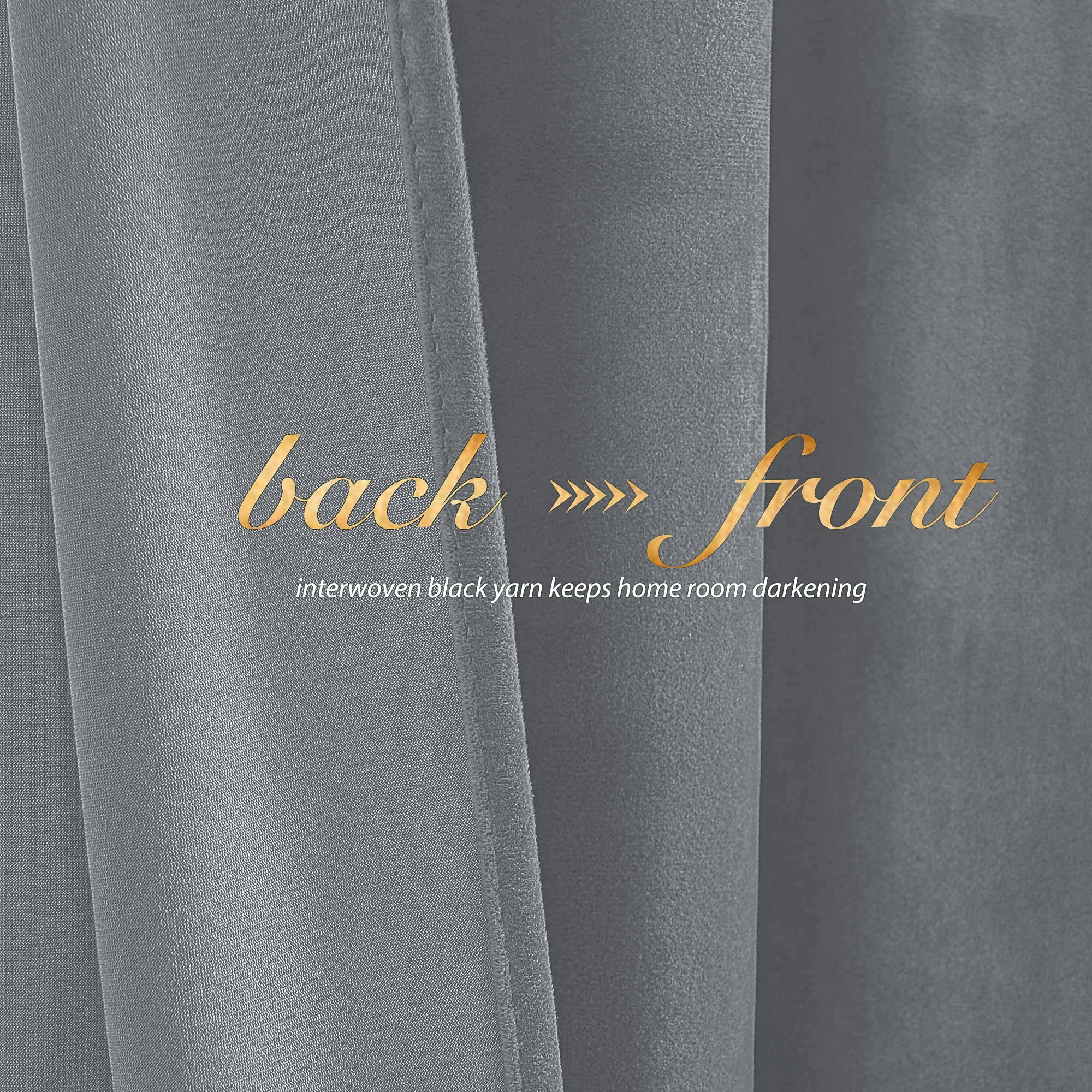 Close-up of gray velvet blackout curtain fabric, showing the smooth front and woven back with interwoven black yarn for room darkening.