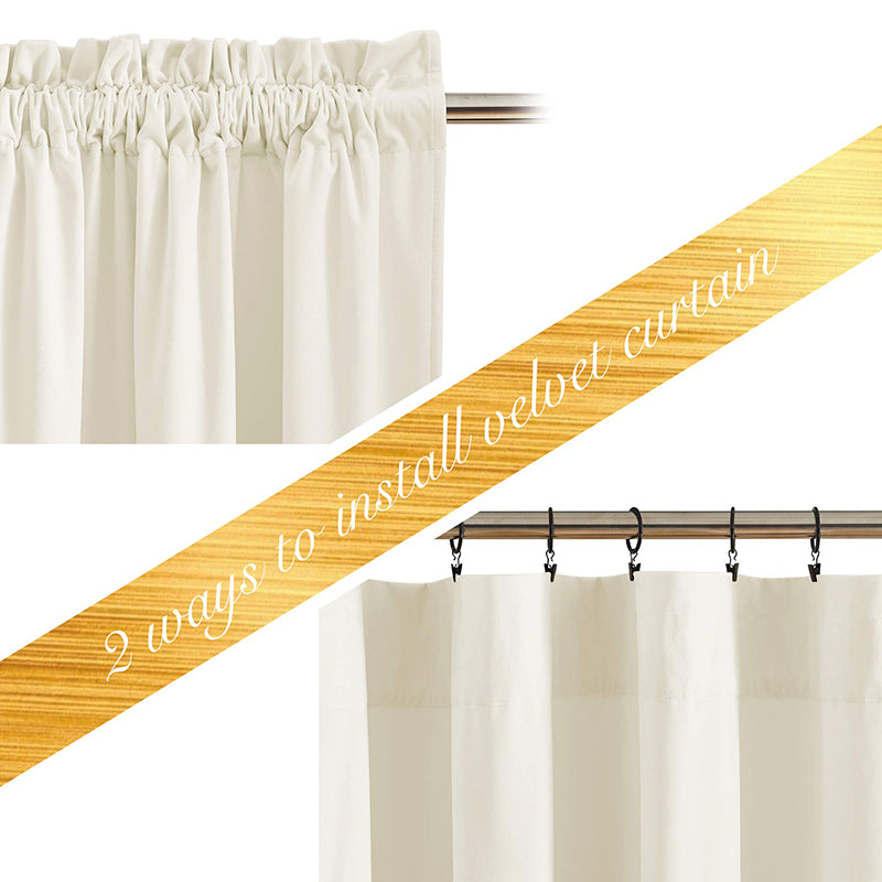 Cream velvet rod pocket blackout curtains: gathered top for rod pocket style & flat panel look with clip ring installation.