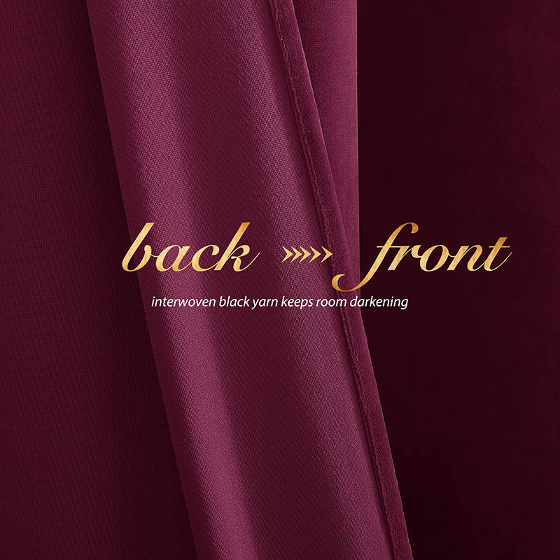 Burgundy velvet blackout curtain fabric, showing its 'back' with interwoven black yarn for room darkening and its smooth 'front.'