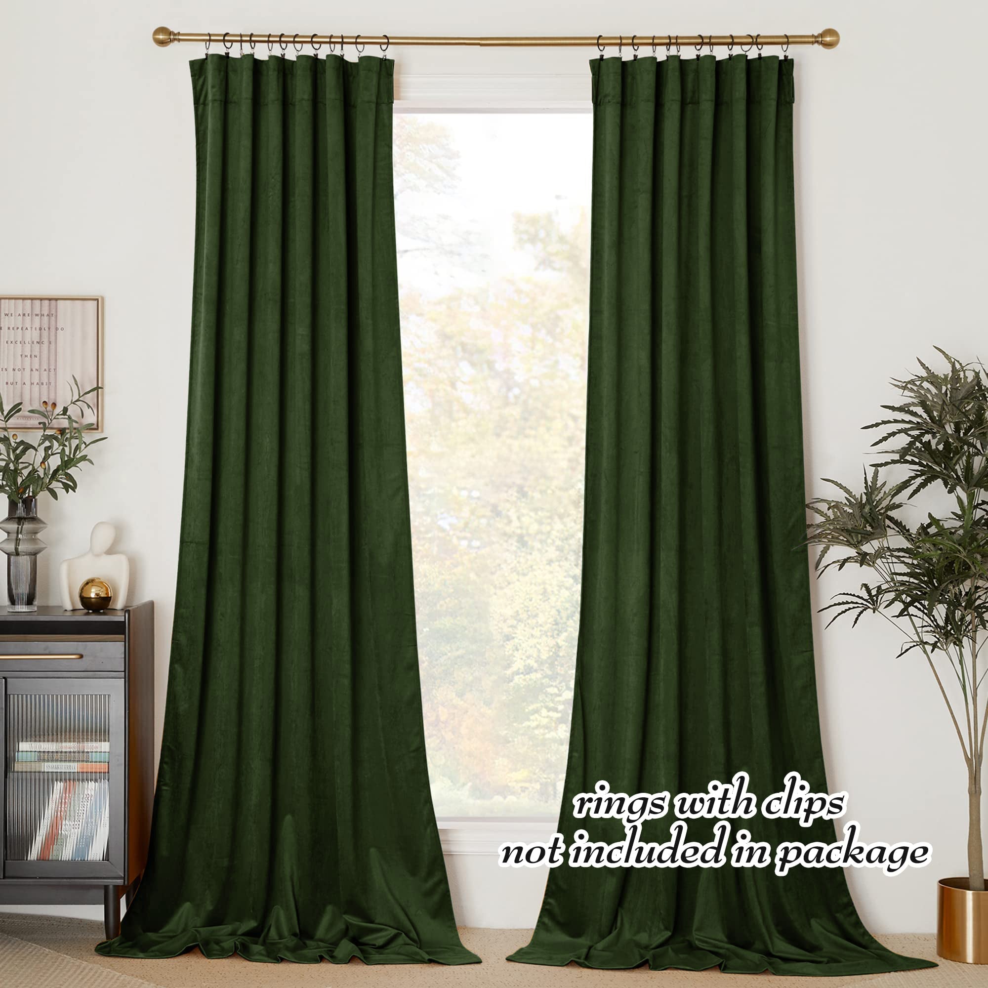Dark green velvet rod pocket blackout curtains (2 panels) for living room & bedroom, providing privacy.