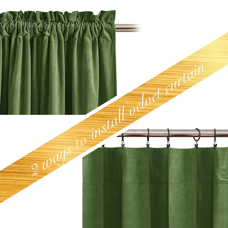 Green velvet blackout curtain displaying two installation styles: traditional rod pocket and modern clip rings for privacy.