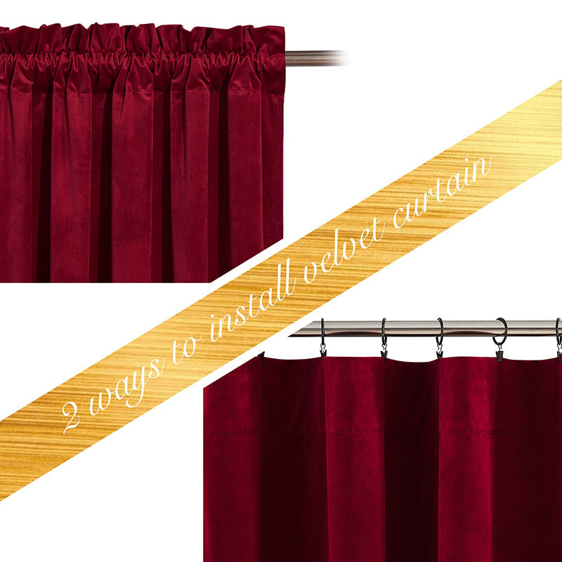 Two ways to install deep red velvet blackout privacy curtains: classic gathered rod pocket and modern clip rings on a rod.