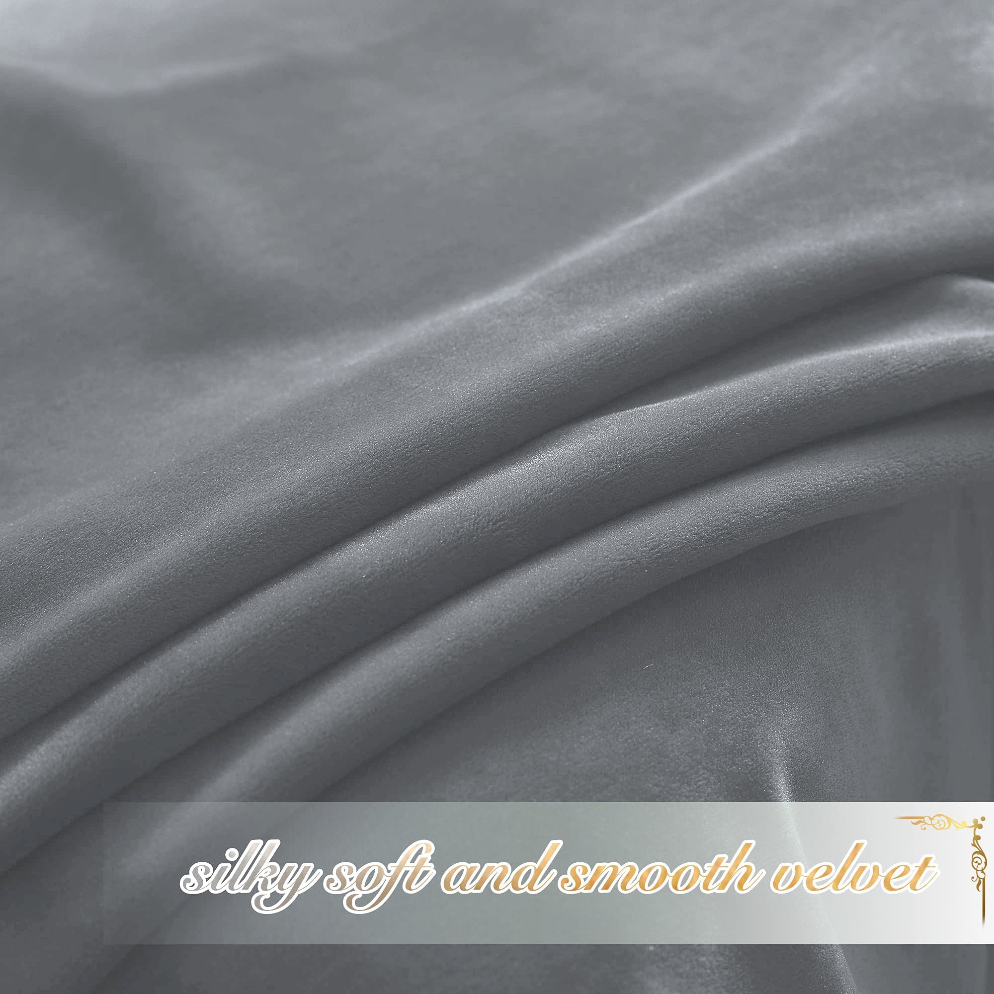 Silky smooth grey velvet fabric detail, showcasing plush texture for rod pocket privacy blackout curtains.