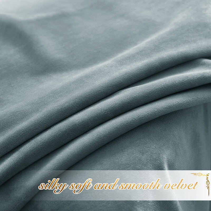 Close-up of soft, smooth blue-grey velvet blackout curtain fabric, showing luxurious texture perfect for living room & bedroom privacy.