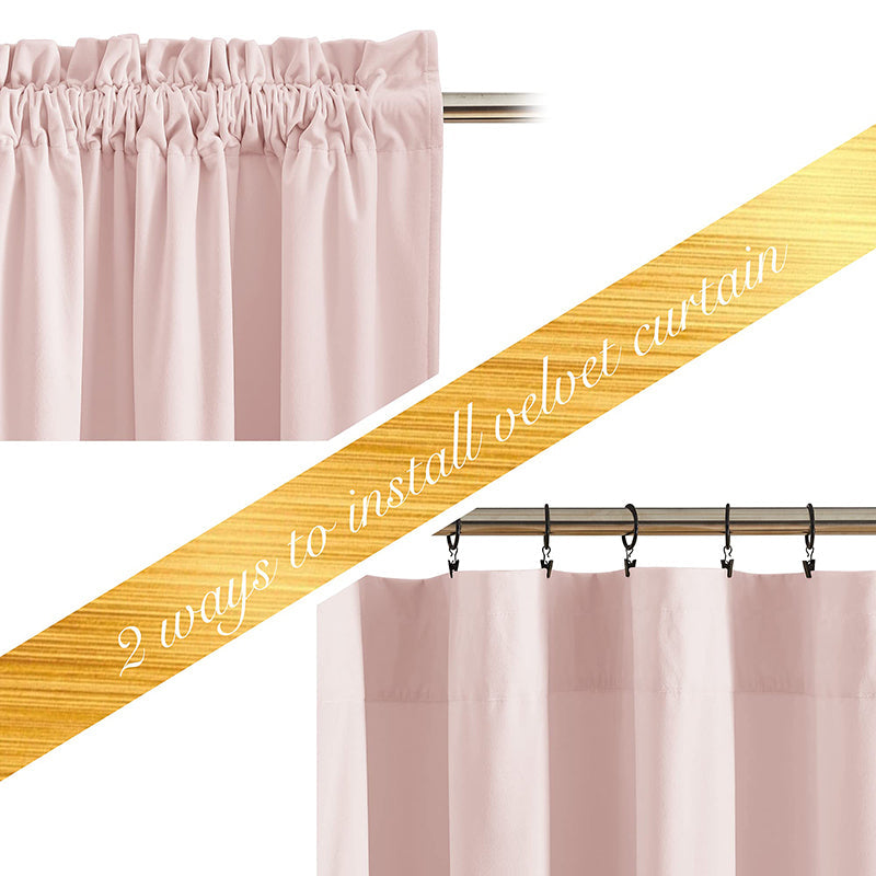 Pink velvet blackout curtain installation methods: rod pocket style and clip rings on a rod.