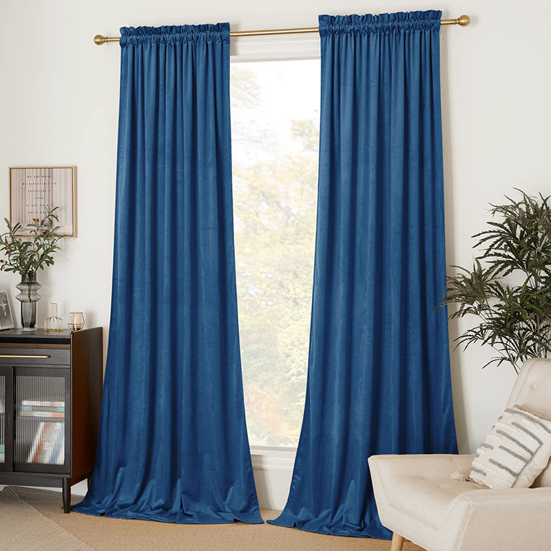 Deep blue velvet rod pocket curtains, 2 panels, providing privacy and blackout for living room or bedroom windows.