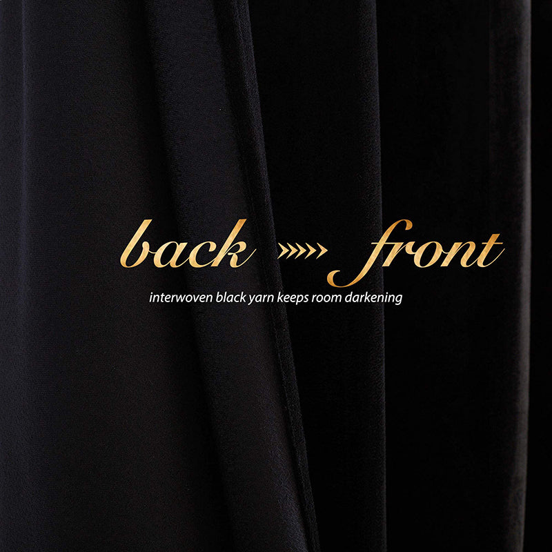Black velvet blackout curtain fabric showing back & front, with interwoven black yarn for room darkening & privacy.