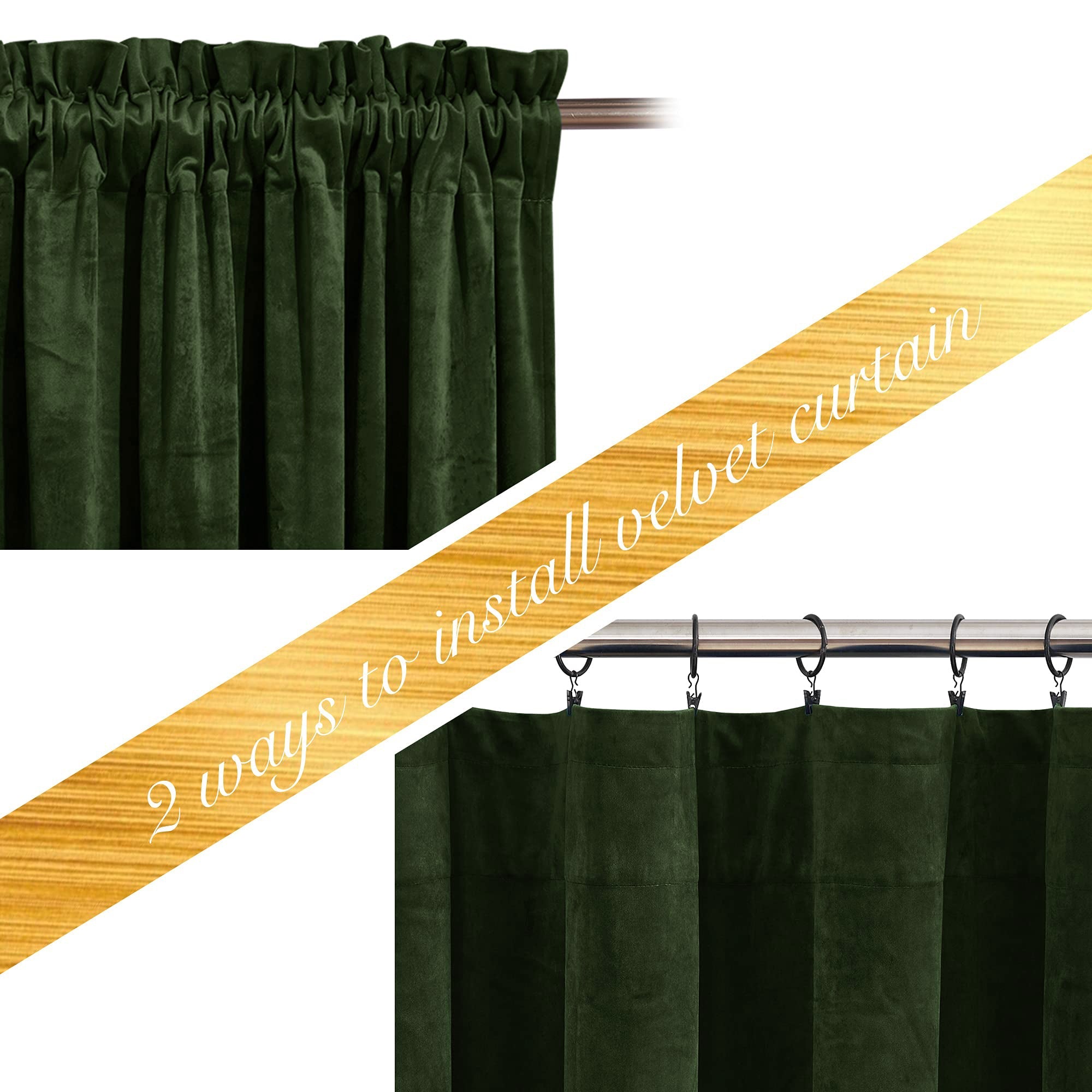 Dark green velvet blackout curtains, showing rod pocket top and clip rings for privacy protection.