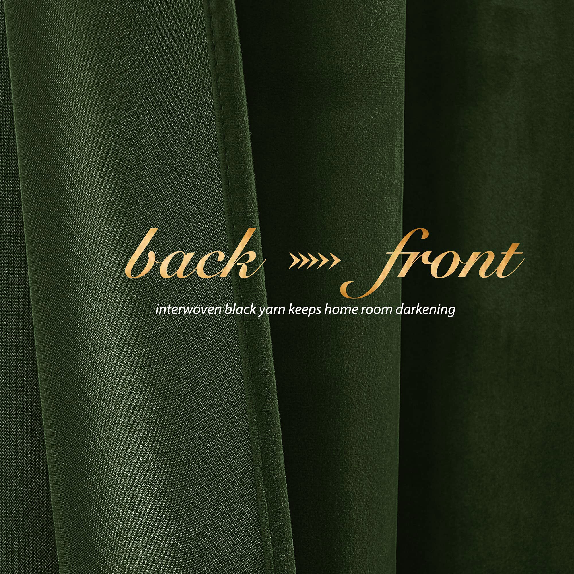 Close-up of dark green velvet blackout curtain fabric, displaying soft front and interwoven back for effective room darkening.