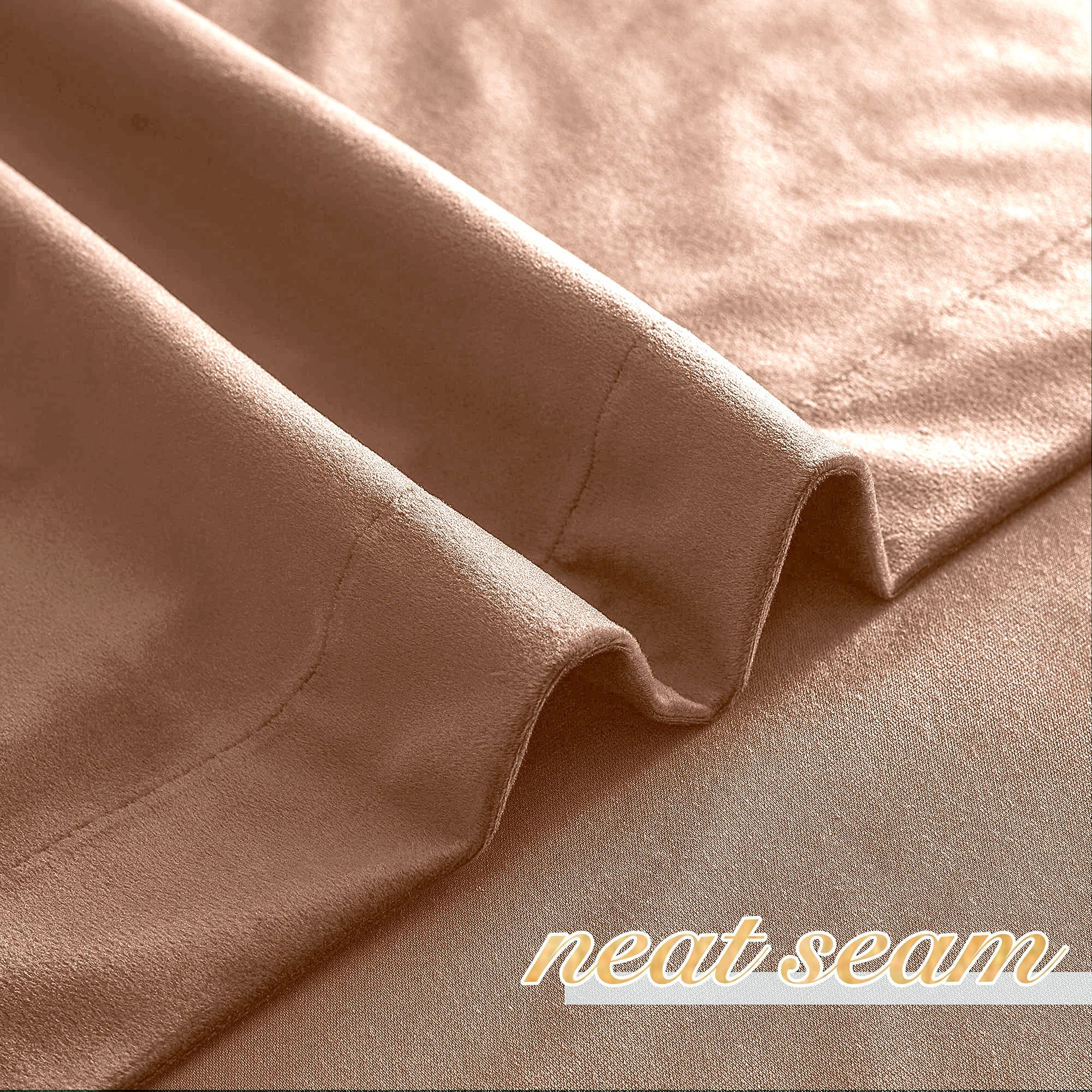 Close-up of soft brown velvet fabric, highlighting the neat seam and luxurious texture of a rod pocket blackout curtain.