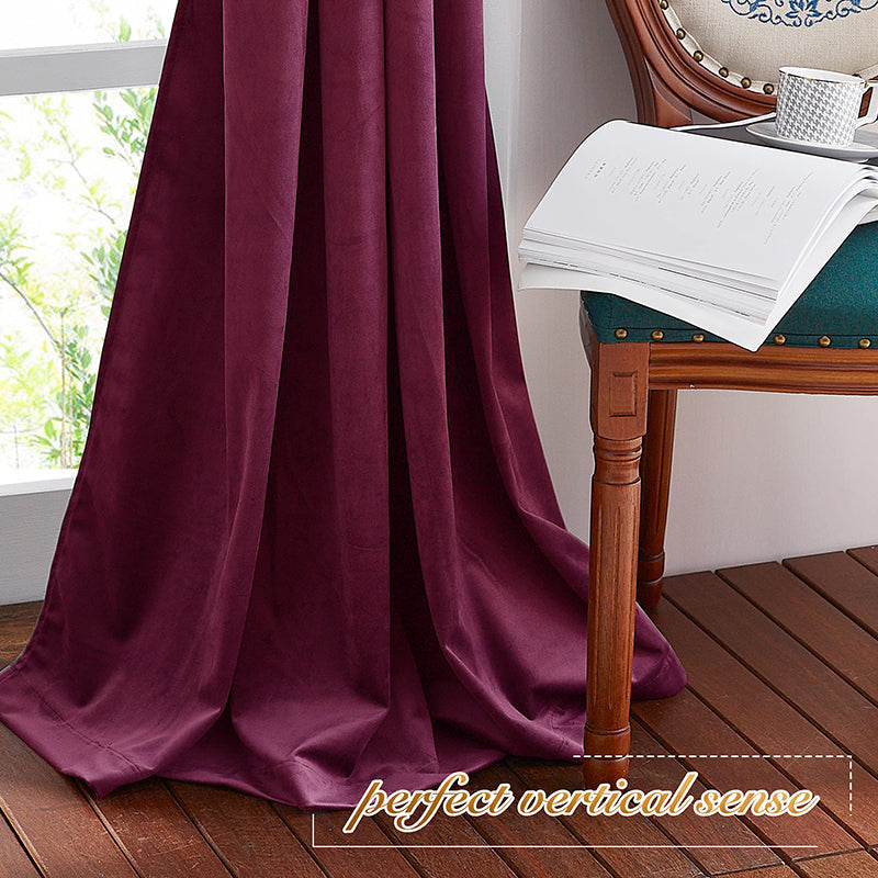 Soft deep red velvet rod pocket blackout curtain, showcasing elegant pleats for privacy in a living room or bedroom.