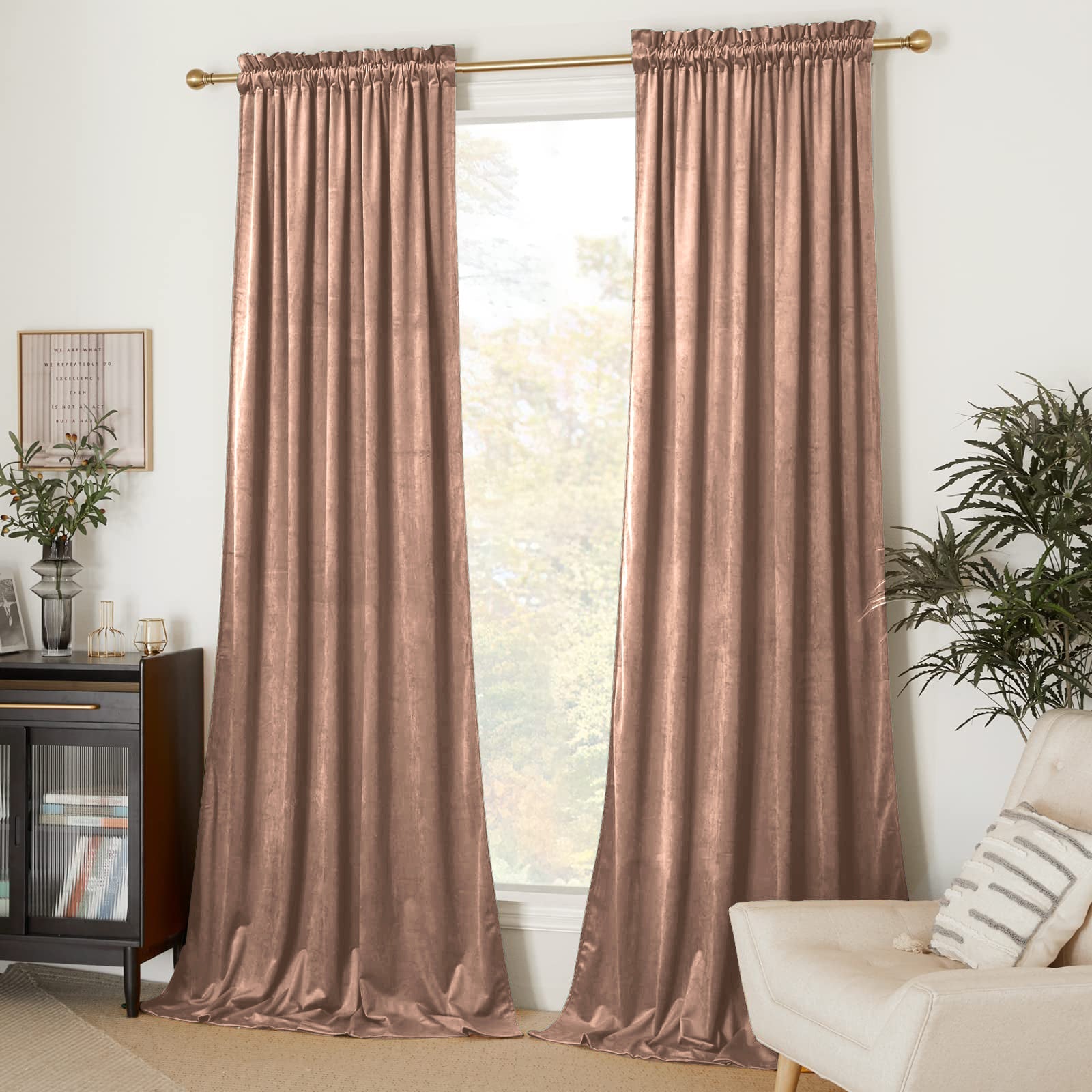 Muted rose velvet rod pocket blackout curtains offering privacy protection in a stylish living room or bedroom setting.