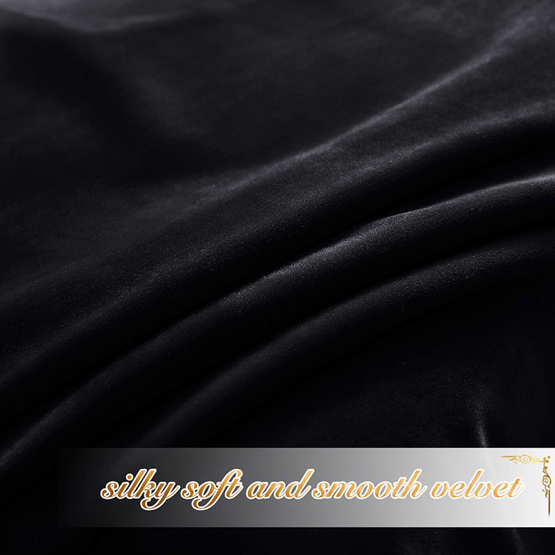 Close-up of luxurious black velvet fabric, highlighting its silky soft, smooth texture for rod pocket blackout curtains.