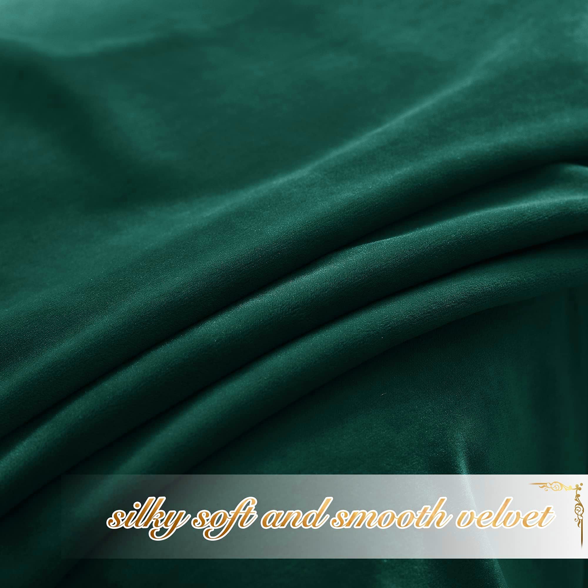 Detailed view of luxurious dark green velvet blackout curtain fabric, showcasing its silky soft, smooth texture & elegant folds.
