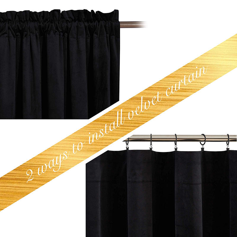 Black velvet privacy blackout curtain with rod pocket and clip ring hanging options for living room and bedroom.