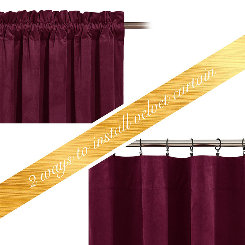 Burgundy velvet blackout curtains demonstrating two installation ways: rod pocket style and with clip rings for living room/bedroom privacy.