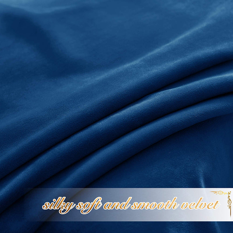 Close-up of navy blue velvet blackout curtain fabric, highlighting its soft, smooth, and luxurious texture for privacy protection.