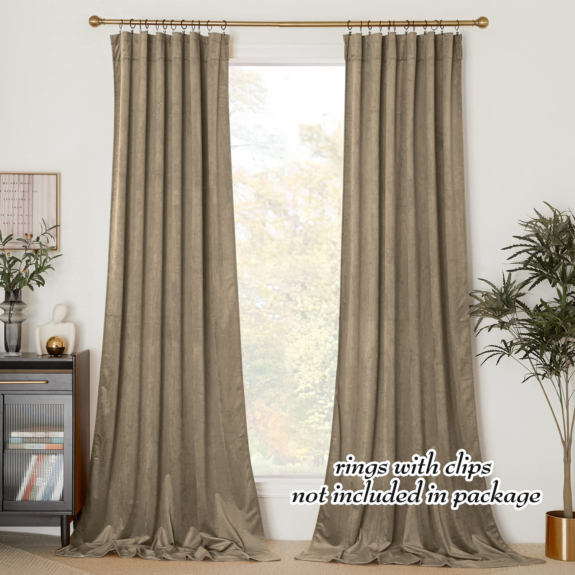 Elegant beige velvet rod pocket blackout curtains, pooling at the floor, offer full privacy for living room or bedroom windows.