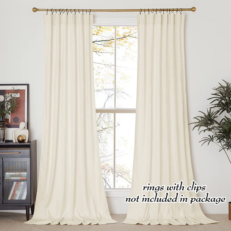Cream velvet rod pocket blackout curtains (2 panels) for living room & bedroom. Full privacy protection, elegant drape.