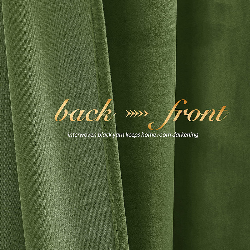 Close-up of green velvet blackout curtain fabric, highlighting interwoven black yarn for superior room darkening and privacy.