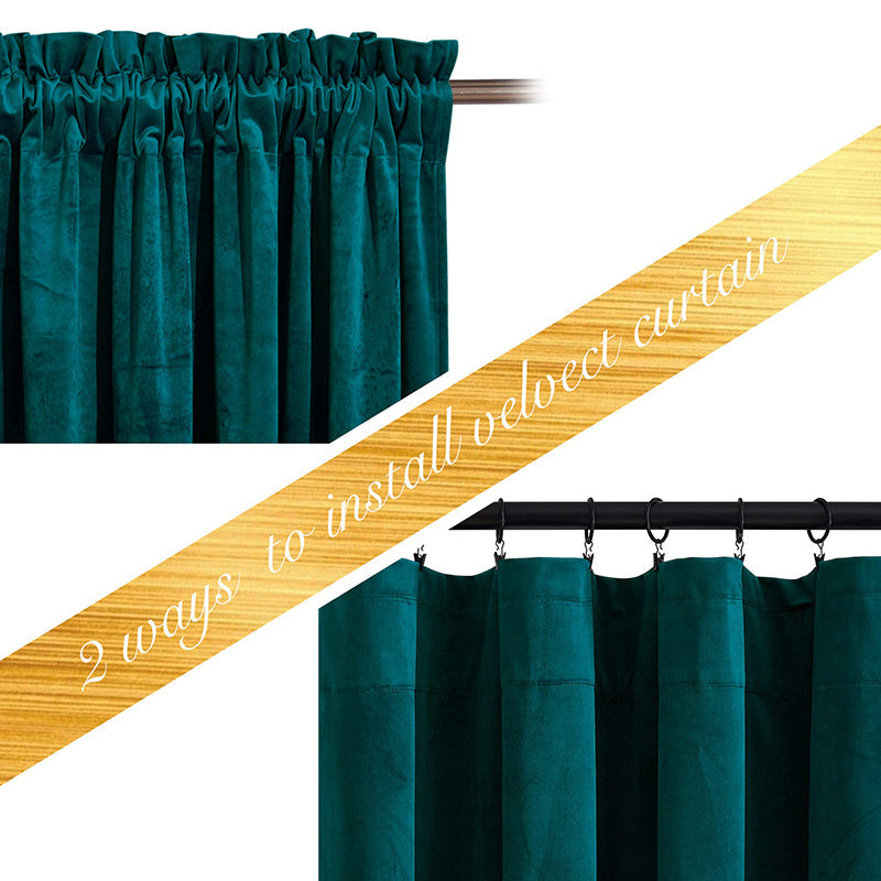 Velvet blackout curtains in dark green, illustrating two ways to hang: classic rod pocket or with clip rings on a rod.
