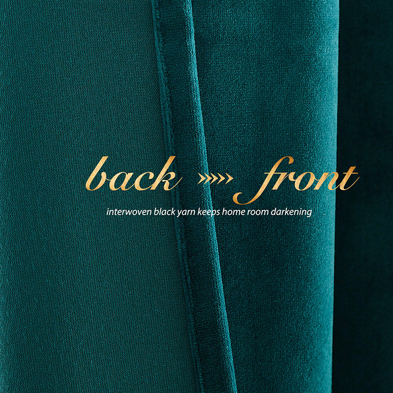 Close-up of dark green velvet blackout curtain fabric, showing back with interwoven black yarn & plush front for room darkening.