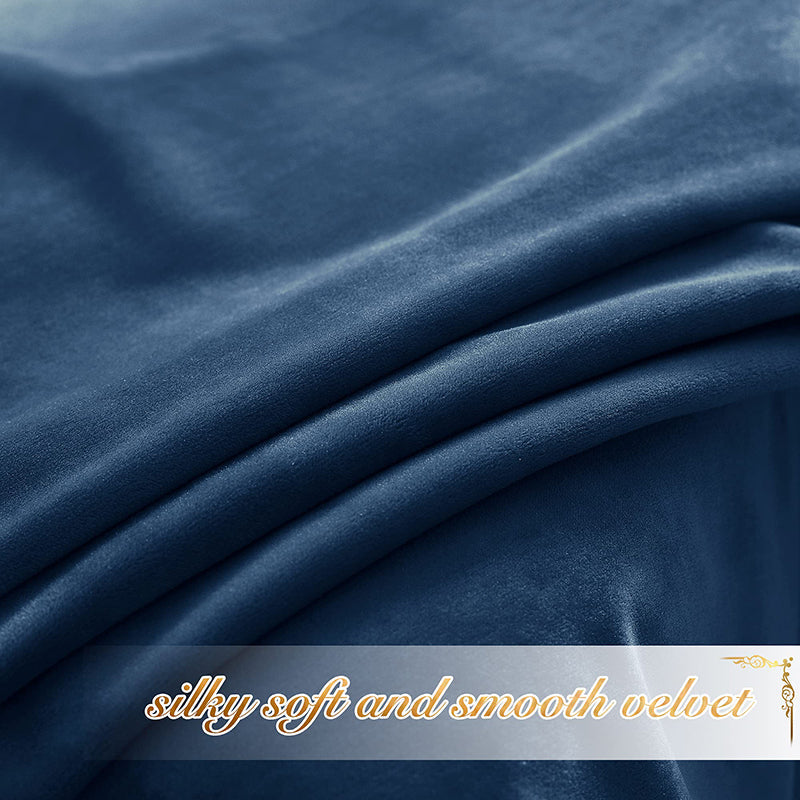 Close-up of luxurious blue velvet blackout curtain fabric, showcasing its silky-soft texture and elegant folds for bedroom privacy.
