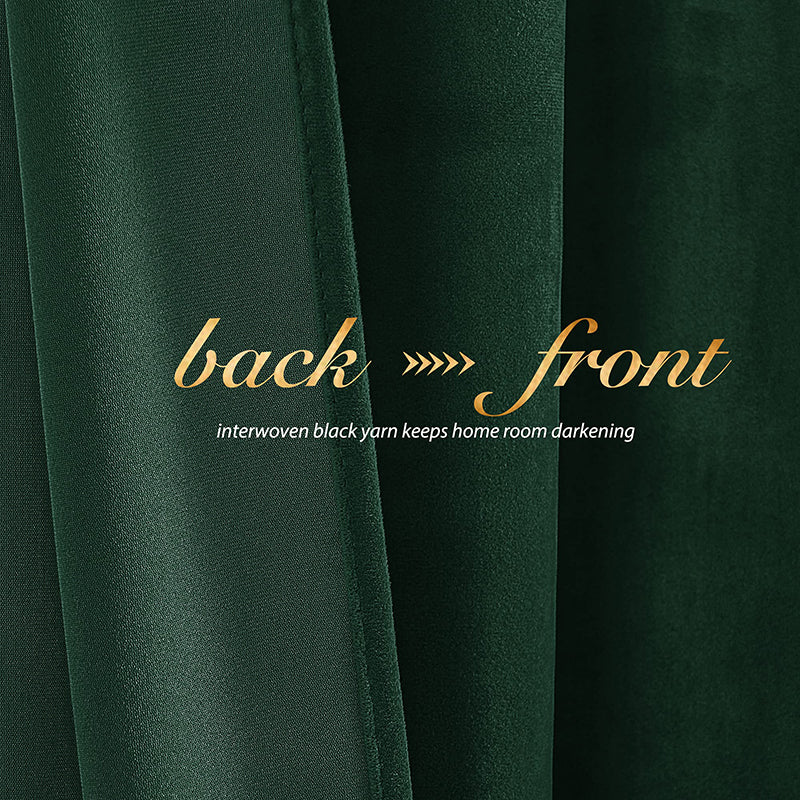 Dark green velvet blackout curtain fabric showing front and back, with interwoven black yarn for room darkening and privacy.