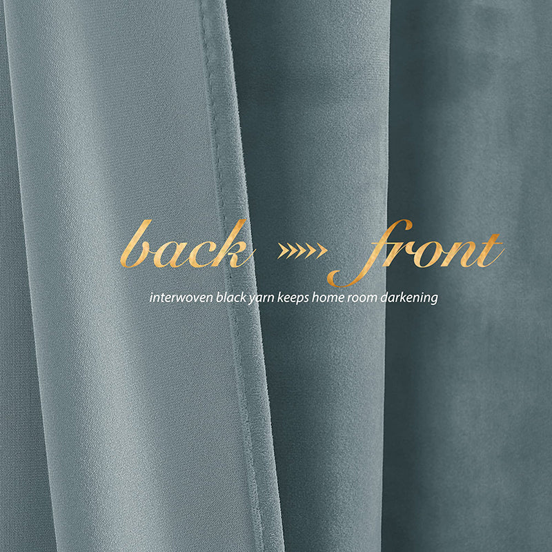 Teal velvet blackout curtains fabric, close-up showing front & back with interwoven black yarn for optimal room darkening and privacy.