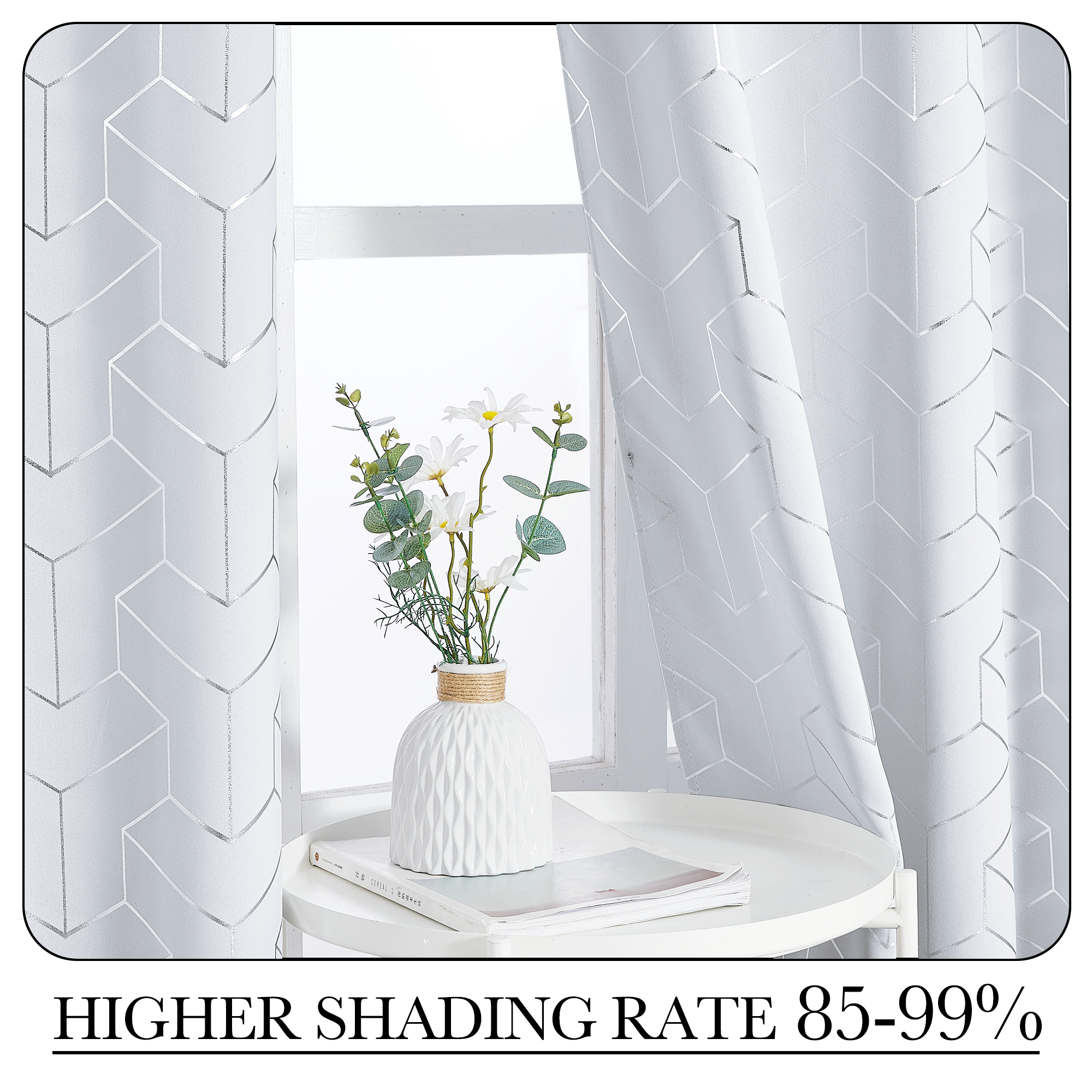 Silver Geometric Print Silver Grommet Blackout Curtains For Living Room And Bedroom 2 Panels KGORGE Store