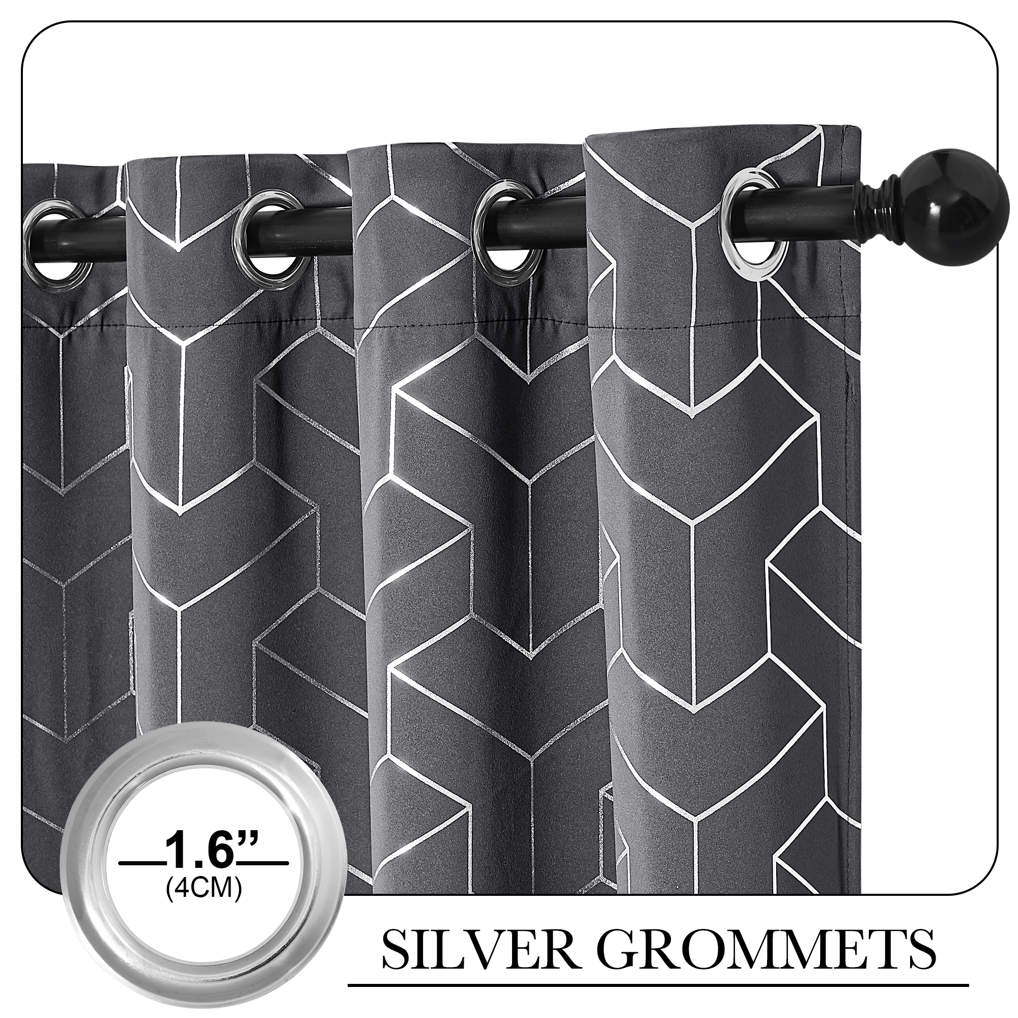 Silver Geometric Print Silver Grommet Blackout Curtains For Living Room And Bedroom 2 Panels KGORGE Store