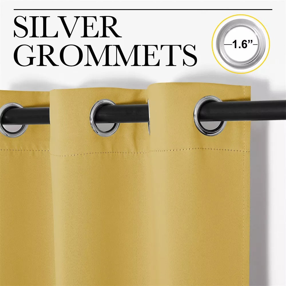 Yellow blackout curtain with 1.6-inch silver grommets for soundproof bedroom & living room panels.