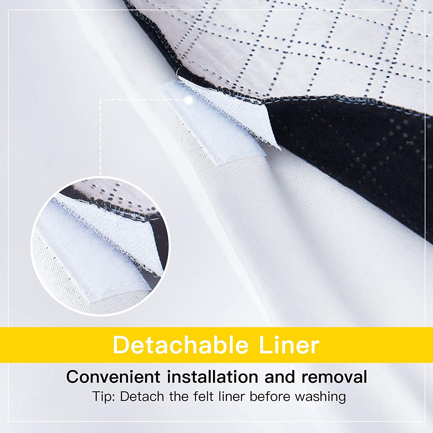 Close-up of a 4-layer soundproof blackout curtain featuring its detachable liner with hook-and-loop fasteners for easy removal.