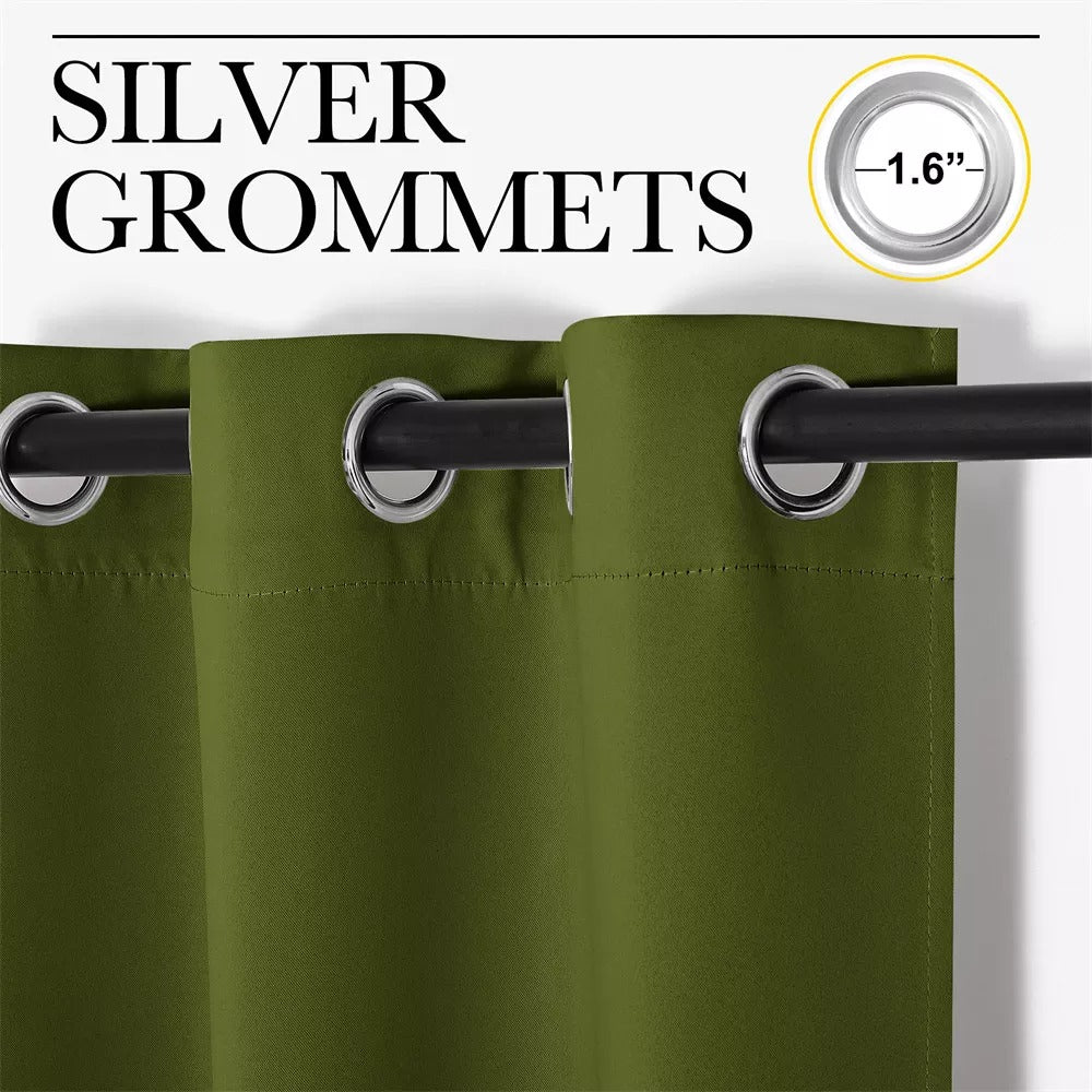 Close-up of olive green blackout curtain panels featuring 1.6" silver grommets on a curtain rod, highlighting hardware details.