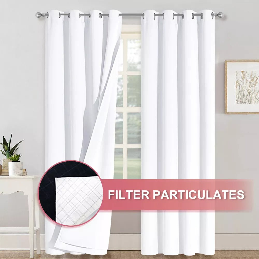 White 4-layer silver grommet curtains, detail of inner layers filtering particulates. Ideal for soundproof, blackout living rooms & bedrooms.