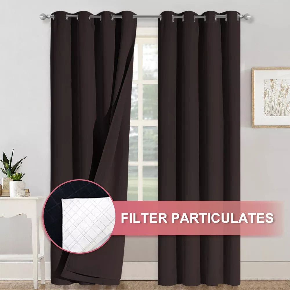 KGORGE 4-layer dark brown blackout curtains with silver grommets. Inset highlights fabric filtering particulates for anti-dust & soundproofing.