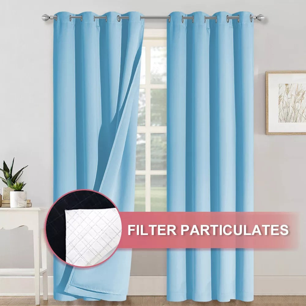 Light blue 4-layer silver grommet blackout curtains with inner dust-filtering layer for living room or bedroom.