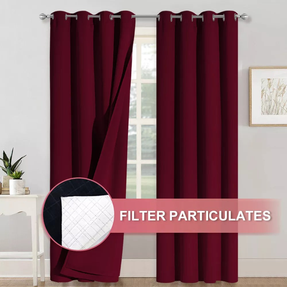 Two dark red 4-layer silver grommet blackout curtain panels with visible anti-dust filtering layer, ideal for living room & bedroom.