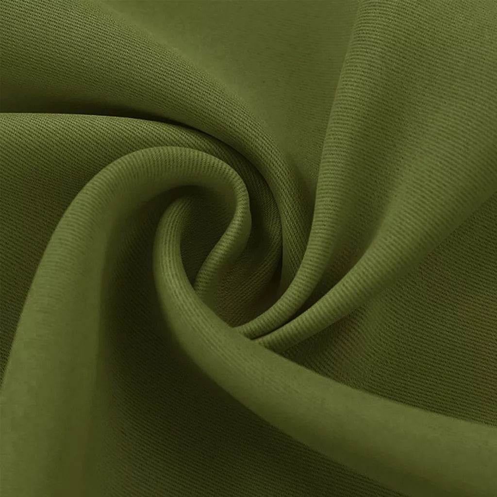 Close-up of thick, folded olive green 4-layer fabric, showing the dense weave of soundproof blackout curtain material.