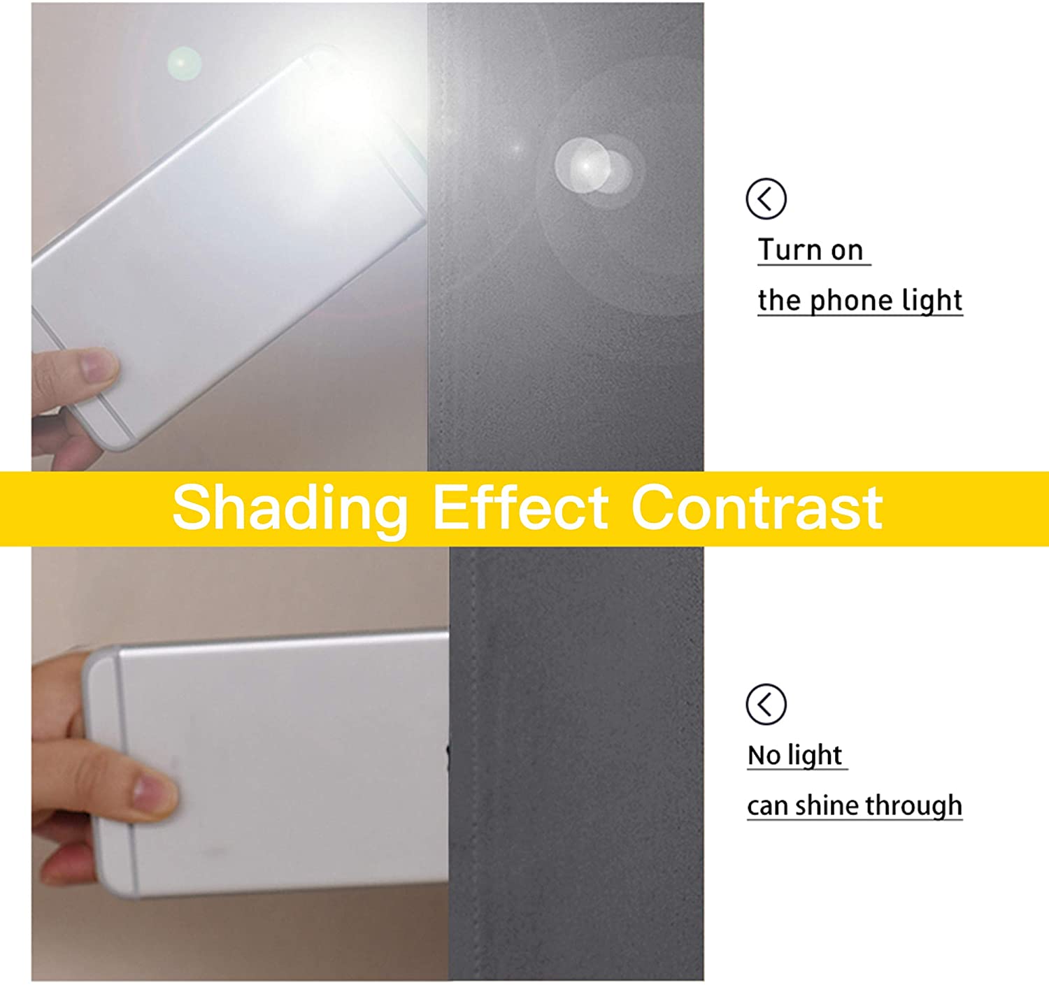 4-layer blackout curtain shading test contrast: phone light visible attempting to pass through top, bottom shows full light blockage.