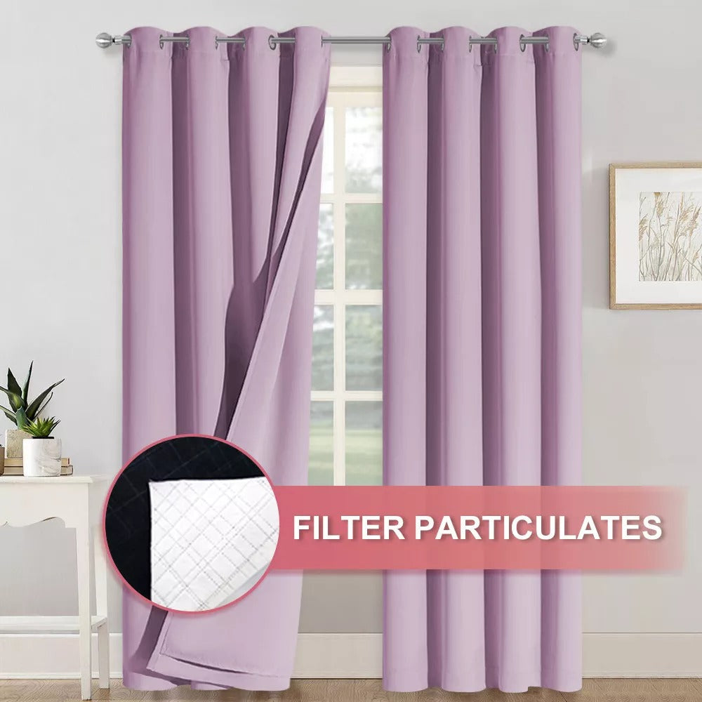 Lavender 4-layer silver grommet anti-dust blackout curtains. One panel reveals the internal filter layer, ideal for living room or bedroom.