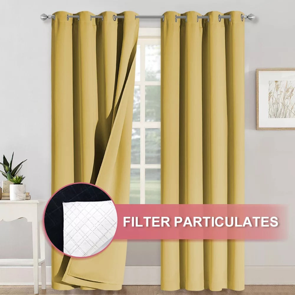 Gold 4-layer soundproof blackout curtains with silver grommets. Inset shows the anti-dust particulate filter layer for living rooms & bedrooms.