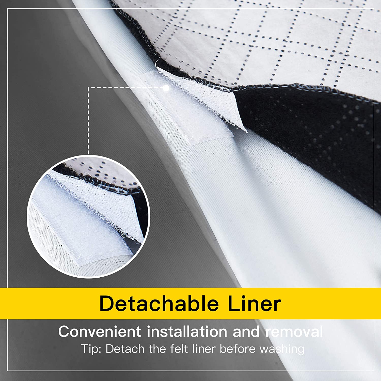Detail of a 4-layer blackout curtain, highlighting the convenient detachable liner with hook-and-loop fastening for easy removal.