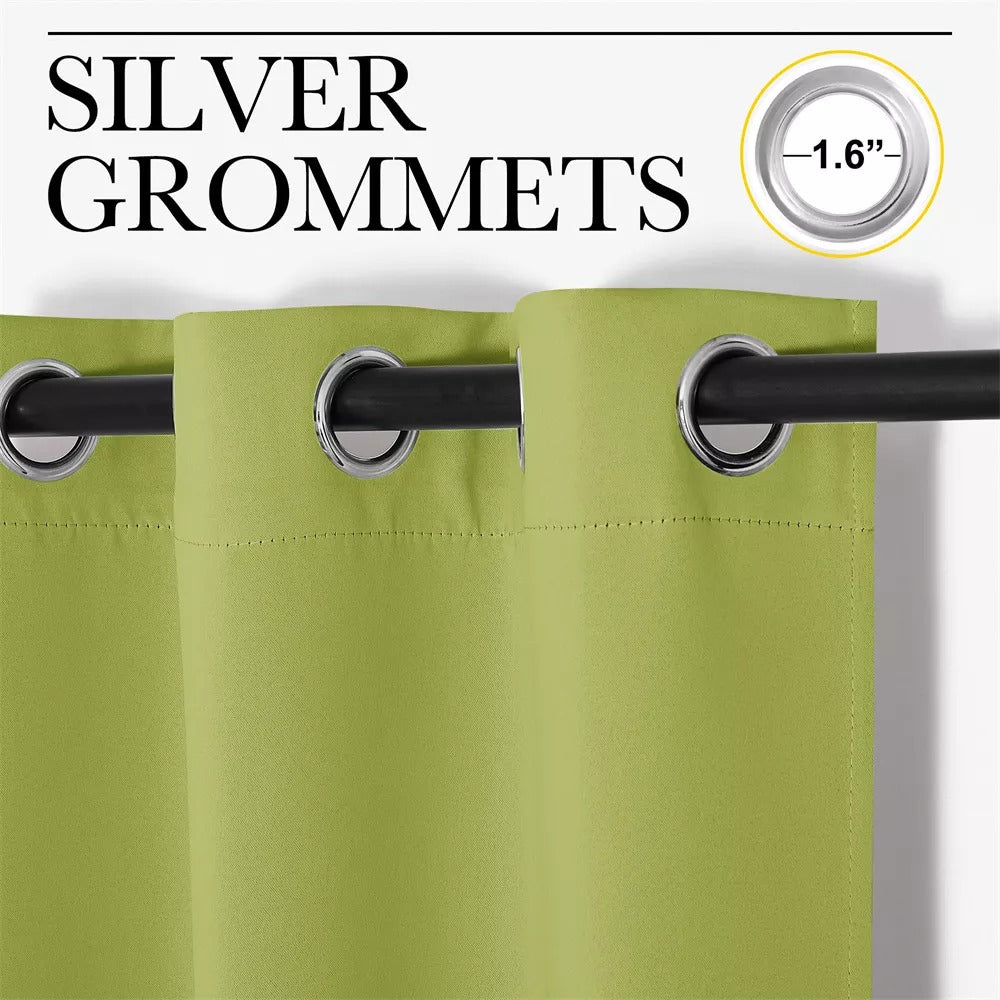 Close-up of vibrant lime green 4-layer blackout curtain featuring 1.6-inch silver grommets on a rod for soundproof privacy.